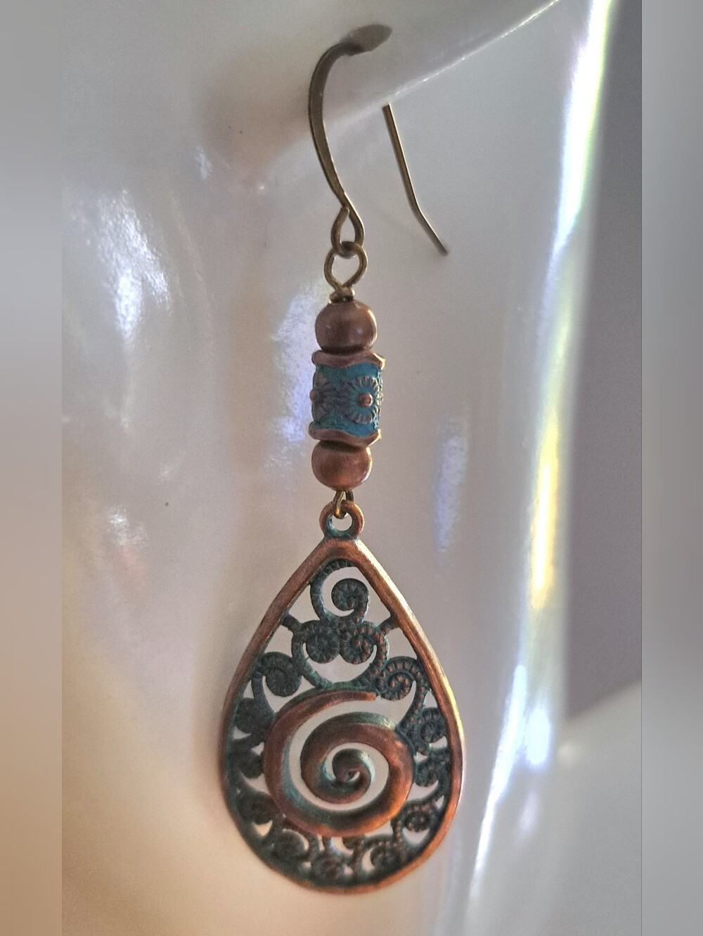 Turquoise Patina Antique Bronze Filigree Earrings with Coordinating Accent Beads
